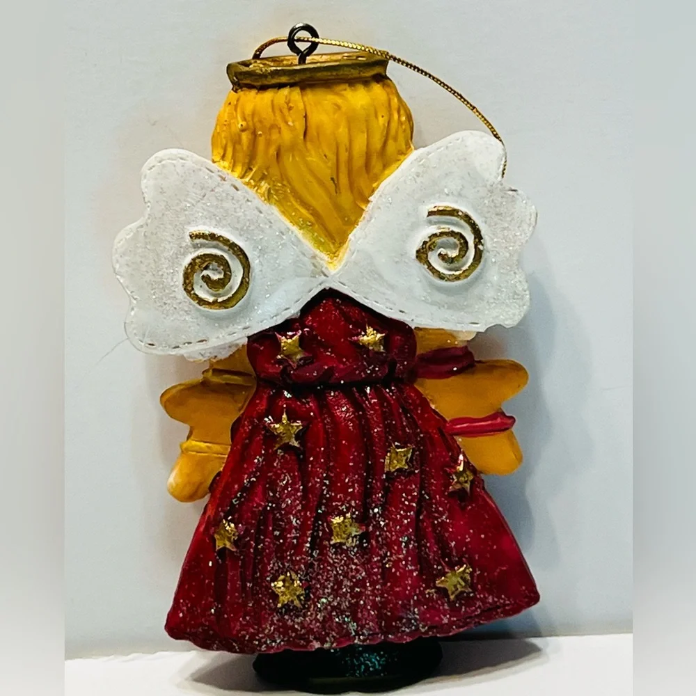 Festive Angel Ornaments 5 Inches Tall with Red Dresses Lot of Two